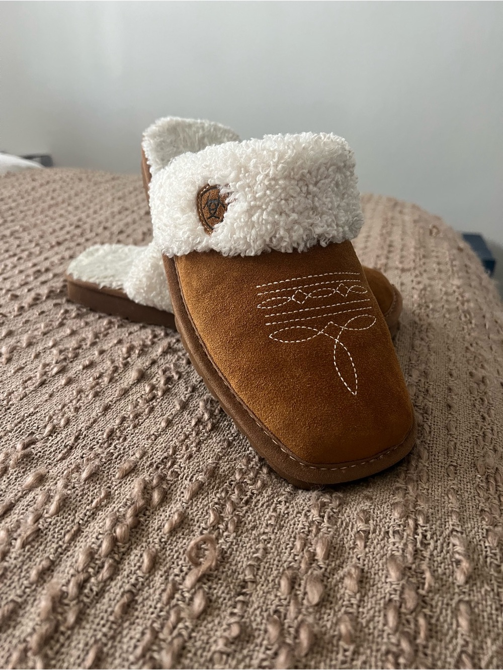 Ariat Tan Suede Slip-On Slippers with Cream Sherpa Cuff